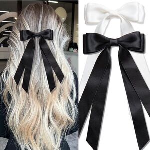NWT Hair Bows, 2 PCS Large Double Ribbon Bow for Women Girls Teens- Black, White